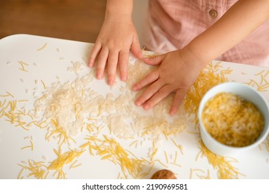 Baby Hands Playing With Grain, Nuts, Pasta And Rice At Table.Sensorial Early Development, Education For Baby, Child.Kid Useful Games.Fine Motor Skills Concept.Top View.