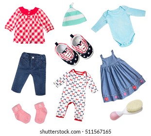 Baby Infant Newborn Child Girl Set Of Clothes Isolated On White. Stylish Wear And Accessories Collage.