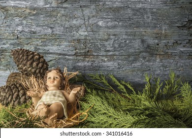 Baby Jesus Christmas  Rustic Background And Blank Space 