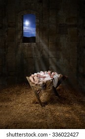 Baby Jesus resting on a manger with light from the star filters through window
