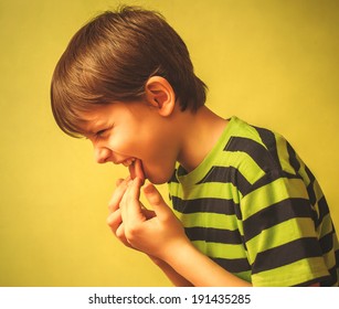 Baby Kid Boy Teenager Poisoning Vomiting Belching, Anorexia Fingers In Mouth Burps On Green Background Gray Large Cross Processing Retro