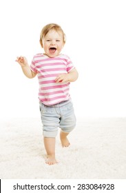 Baby Kid Go One Year Old, Little Child Girl Laughing Open Mouth, Happy Toddler Going over White Background