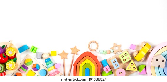 Baby Kids Toy Banner Background. Colorful Educational Toys On White Background. Top View, Flat Lay, Copy Space For Text