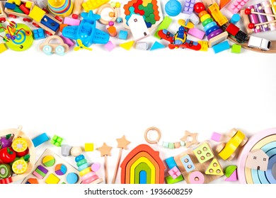 Baby Kids Toy Frame. Colorful Educational Toys On White Background. Top View, Flat Lay, Copy Space For Text