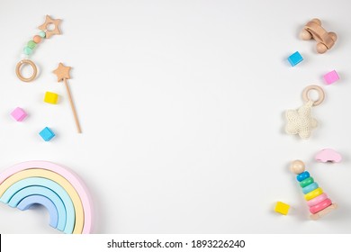 Baby Kids Toys Frame On White Background. Top View. Flat Lay. Copy Space For Text