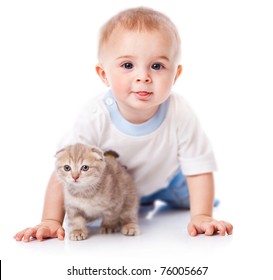 Baby With Kitten. Isolated On White Background