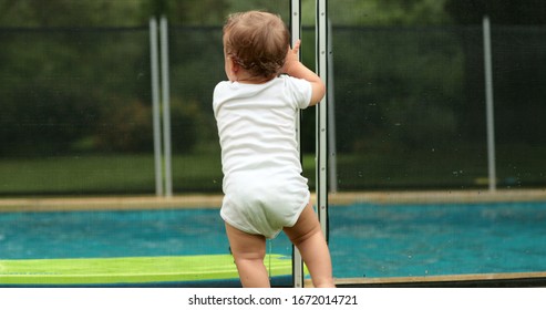 
Baby Leaning On Swimming Pool Fence Protection. Infant Standing On Safety Gate