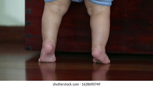 
Baby Little Feet On Tip Toes. Toddler Reaching And Standing Up