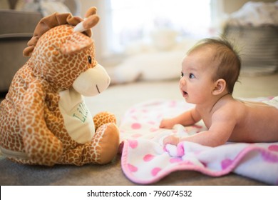 Baby Looking at Stuffed Animal Laying on Belly During Tummy Time