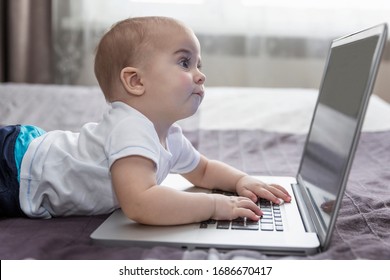 The baby looks with interest at the laptop screen. New generation.