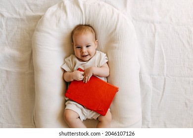 Baby Lying In A Baby Nest, Holding A Red Book With Blank Cover.