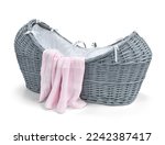 Baby moses basket with pink blanket, isolated on the white background, clipping path included.