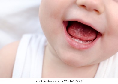 Baby mouth close-up. Infant primary dentition. Children healthcare and soothing concept