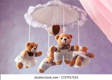 Baby Music Mobile Carousel With Little Bears. Toy Carousel, Above The Baby Bed. Baby Bedroom Close Up Element.