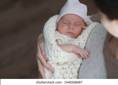 Baby Newborn Sleeping Wrapped Up In A Warm Blanket
