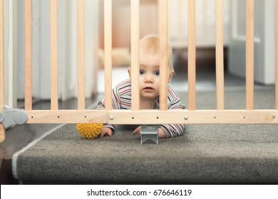 Baby Playing With Ball Behind Safety Gates