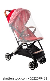 Baby Pram, Modern Red Stroller Isolated On White Background