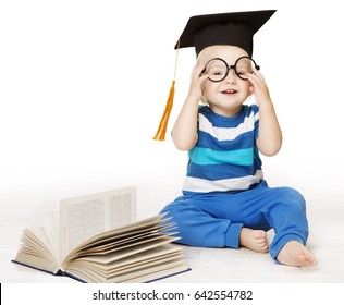 Baby Read Book, Smart Kid Boy in Glasses and Graduation Hat, Early Children Education, white background