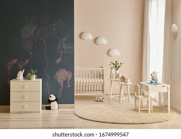 Baby Room Decorative Interior Style With Cradle Table And Cabinet Style, Black Board Wall.