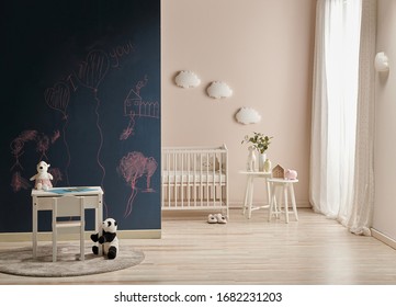 Baby Room Decorative Interior Style With Cradle Table And Cabinet Style, Black Board Wall.