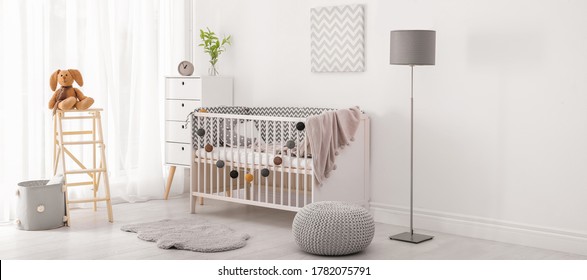 Baby Room Interior With Comfortable Crib. Banner Design