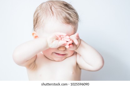 Baby Scratching Her Eyes, Sleepy Child Isolated On White. Tired, Exhausted, Problems With Sleeping, Hyper Activity Disorder, Sad Baby Concept