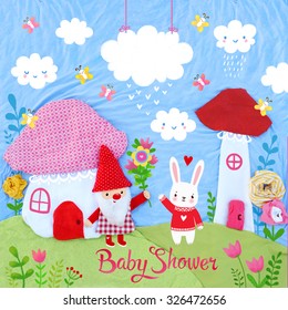 Baby shower design with place for text. Creative art photo of a gnome and rabbit. - Shutterstock ID 326472656