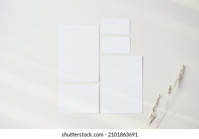 Baby Shower Stationery Mockup, Invitation And Insert Cards, On A Minimal Beige Background With Light And Shadows Casting Over