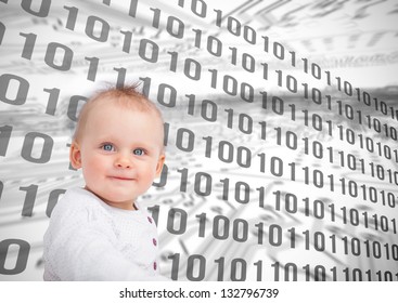 Baby sitting in front of binary codes background