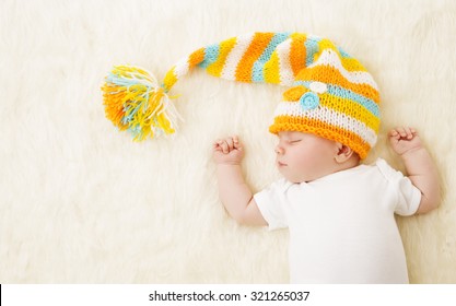 Baby Sleeping In Hat, New Born Kid Sleep In Bad, Newborn One Month Old