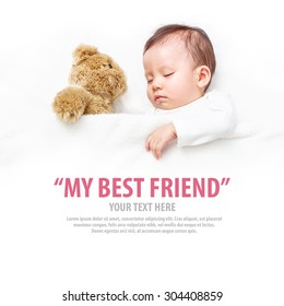 Baby Sleeping With Her Teddy Bear On The Bed, New Family And Love Concept.