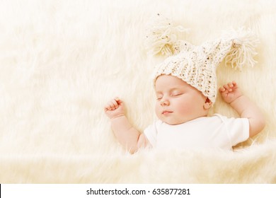 Baby Sleeping, Newborn Kid Portrait Asleep In Hat, New Born On Blanket, One Month Girl Sleep In Bed