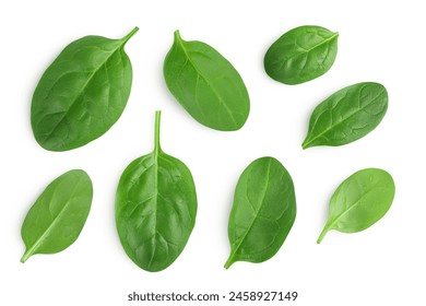 Baby spinach leaves isolated on white background. Top view. Flat lay