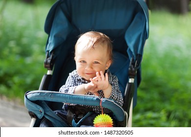 Baby in stroller on a walk in summer park. Adorable little boy in checkered 
				shirt sitting in blue pushchair.Child in buggy