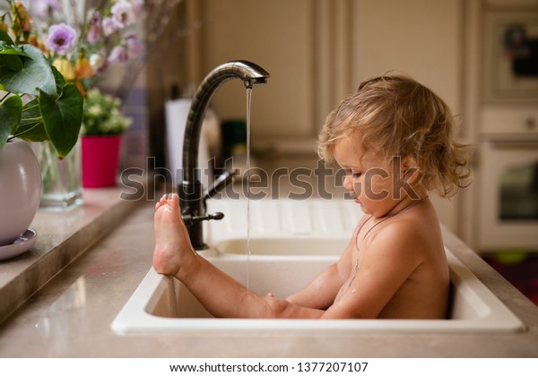 Baby Taking Bath Kitchen Sink Child Stock Photo Edit Now