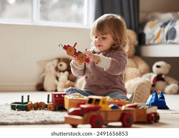 Baby, toys and play in home for development or learning, child in bedroom for motor skills. Young kid, house and relax game with wood cars for education or creativity, wellness or cognitive growth