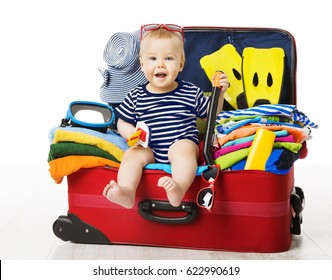 Baby In Travel Suitcase, Kid Sitting Vacation Luggage, Child Inside Packed Bag, White Isolated