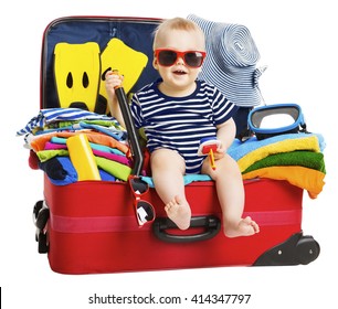 Baby Travel Vacation Suitcase. Kid In Packed Luggage, Family And Child Holiday