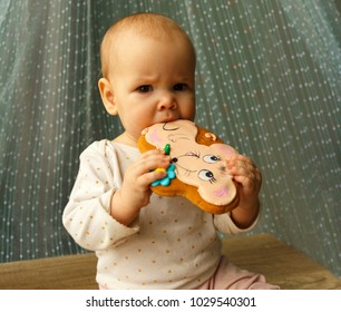 The Baby Is Trying New Food, A Gingerbread In The Form Of A Mouse And He Does Not Like