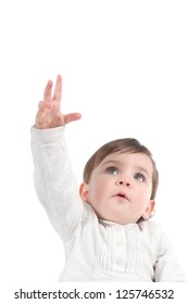 Baby Trying To Reach Something Up On A White Isolated Background