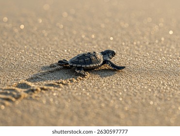 Una tortuga bebé está caminando alrededor de la arena de la playa