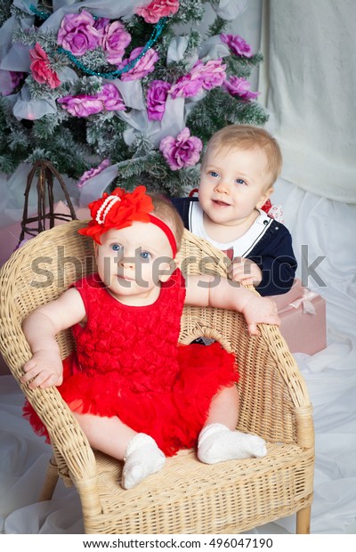 Baby Twins Boy Girl Gift Christmas Stock Photo Edit Now