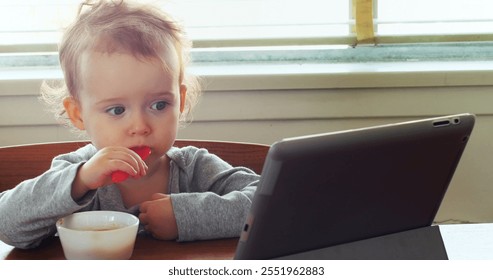 Baby using digital tablet while having breakfast at home 4k - Powered by Shutterstock