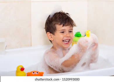 Baby wash in the bath. Little boy in the bathtub. Bath time. 