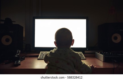 Baby Watching At The Blank Computer Screen (from The Back) (wide Angle)