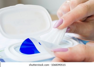 Baby Wet Wipes In A Woman's Hand.