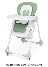 Baby white and green high chair isolated on white background.