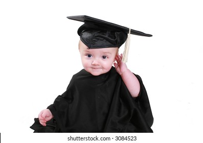 Baby's show growth and potential early one.  Wearing a graduation gown and cap.