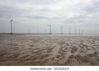 Bac Lieu Wind Farm With High Wind Turbines Against Cloudy Sky At Seashore Wetland