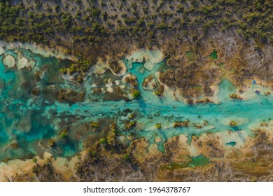 Bacalar Lagoon, Los Rapidos cenote in Mexico. Aerial view.